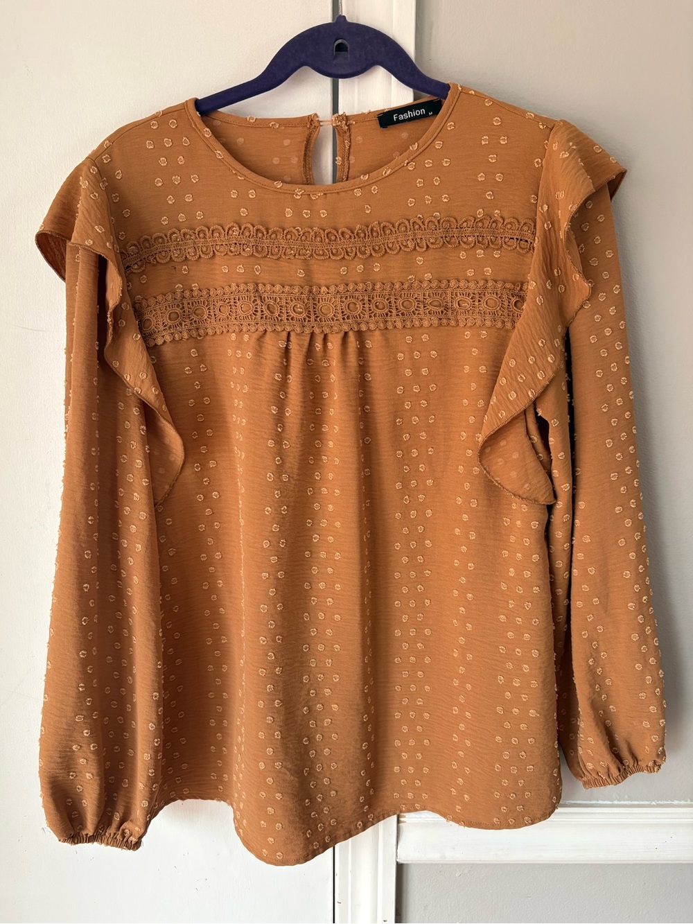 Long-Sleeve Ruffle Swiss Dot Blouse in Camel